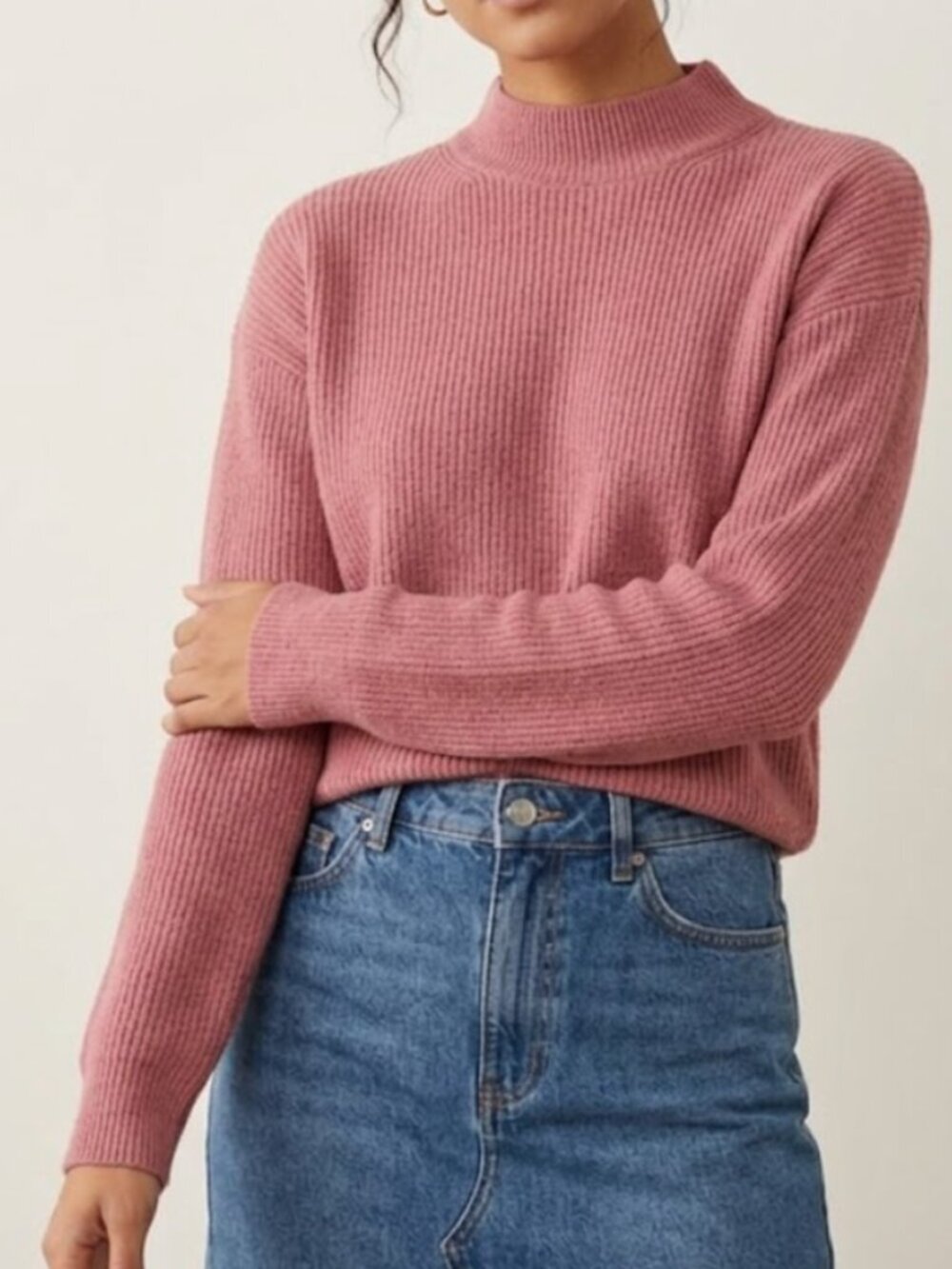 Wilfred Free Aritzia Wool Blend Sweater S Pink Mock Neck Ribbed Knit Cropped